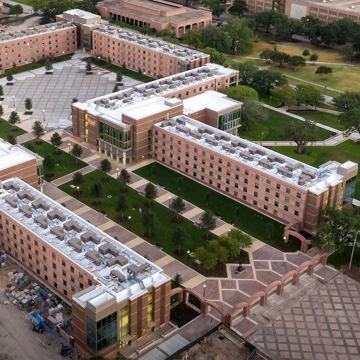 Side aerial view of Texas A&M University dorm buildings
