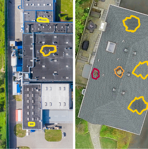 Side by side aerial view of roof condition imagery on a residential and commercial property from GAF QuickSite roof condition assessment software
