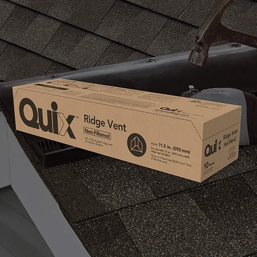 Quix Ridge Vent box overlaid on an installation of the ridge vent
