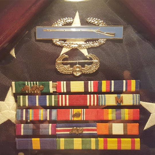A close up of military medals belonging to a veteran
