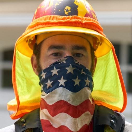 GAF employee with hardhat and American flag facemask