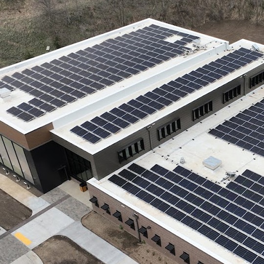 Aerial view of the Goodwill of the Great Plains designed toward a net-zero, accessible building by the Building and Roofing Science team.
