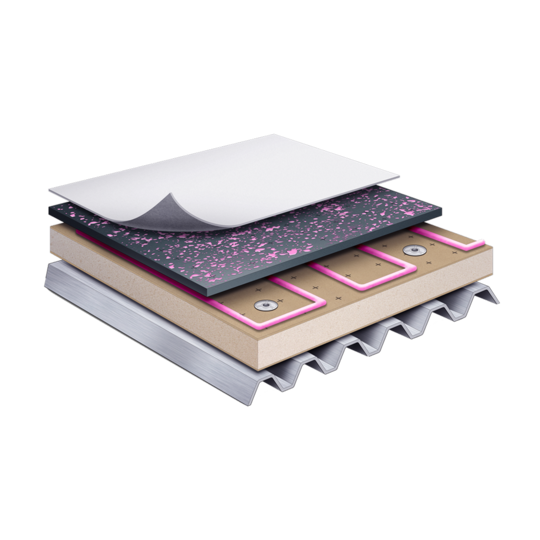 A 3D sandwich art rendering of a TPO hail impact commercial roof system.