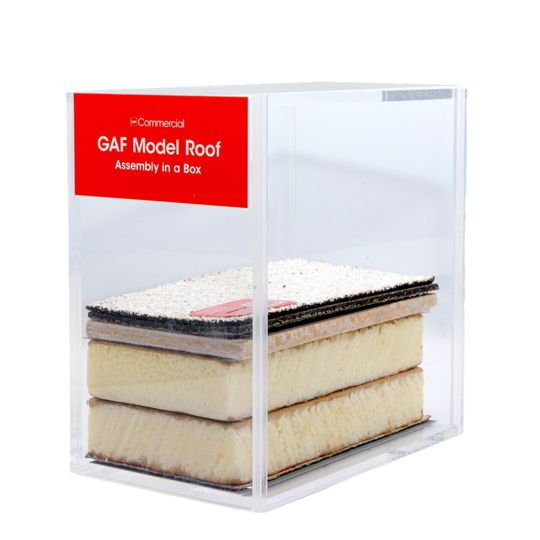 Hands-on roof assembly model made from real and simulated layers in an acrylic box.