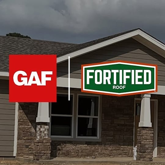 FORTIFIED Roof logo and GAF logo on top of an image of a house