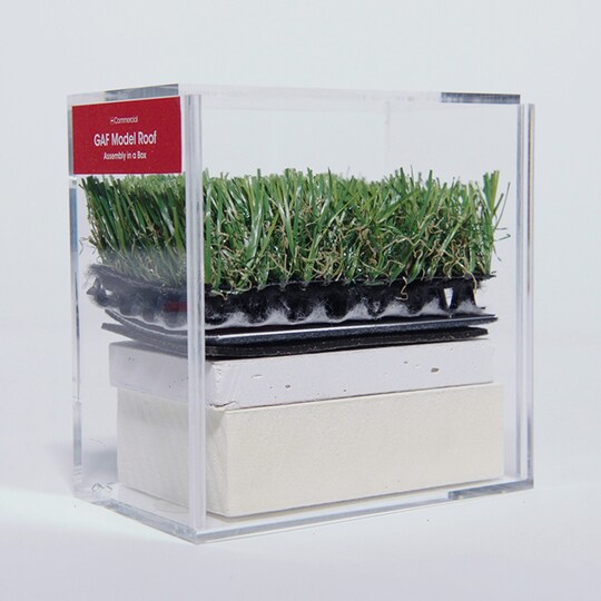 Hands-on roof assembly model made from real and simulated layers in an acrylic box.