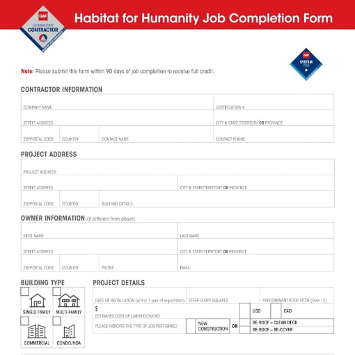 Habitat for Humanity job completion form for GAF certified contractors.