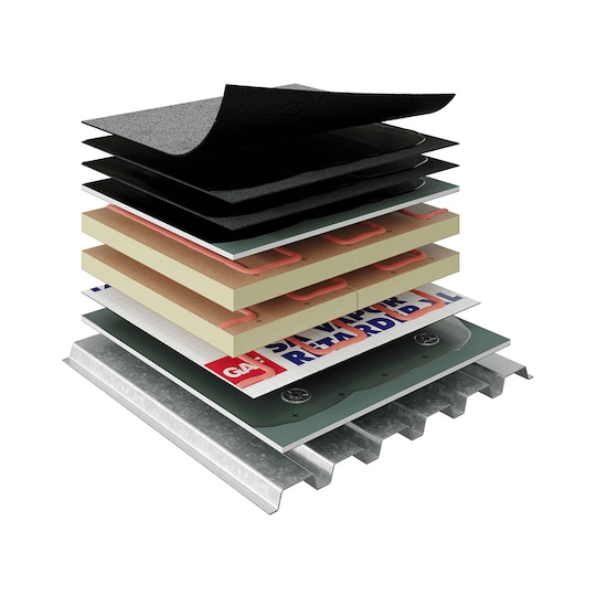 Commercial roofing material layers in SBS Modified Bitumen Cold Applied Systems