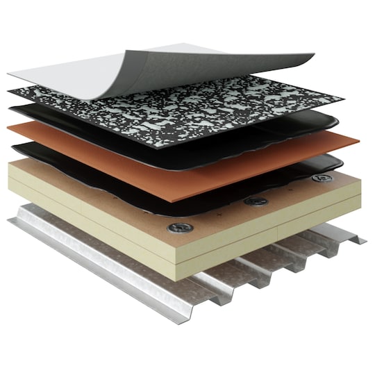 Illustration of a hot asphalt applied hybrid system with metal deck