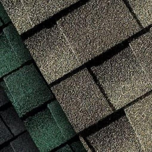 Close up of GAF recycled asphalt roof shingles.