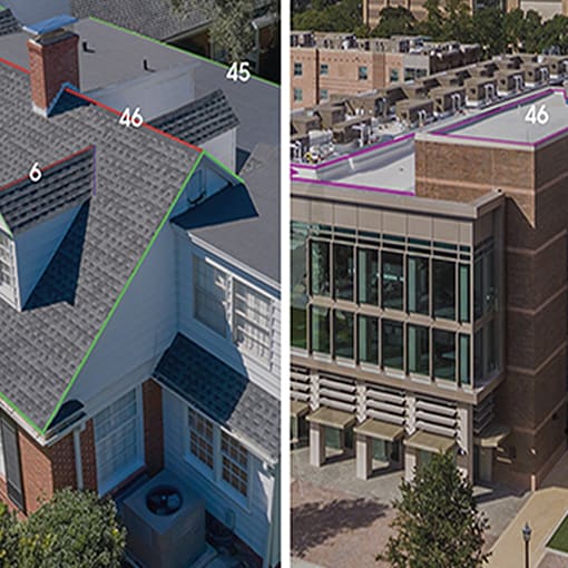 Side by side of home and commercial building with roof measurements from QuickMeasure tool
