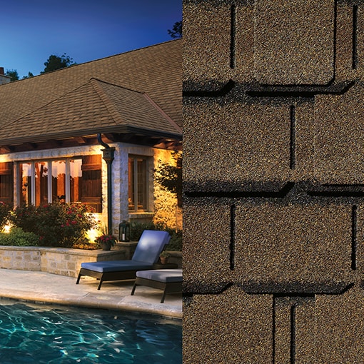A split image showing a house with a roof built with GAF’s Camelot II shingles on the left and a close-up of those shingles on the right.