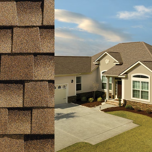 style collage of a Timberline shingle swatch front door to a home