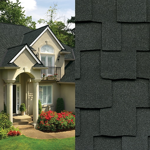 A split image showing a house with a roof built with GAF’s Grand Sequoia Charcoal shingles on the left and a close-up of those shingles on the right. 