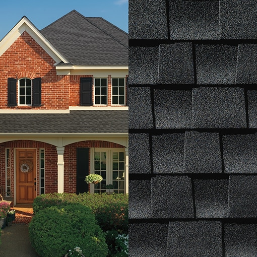 A magnified view of Timberline AS II  Charcoal shingles on the right and a roof built with those shingles on the left. 