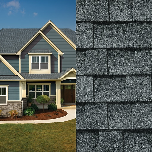 A magnified view of Timberline AS II  Pewter Gray shingles on the right and a roof built with those shingles on the left. 