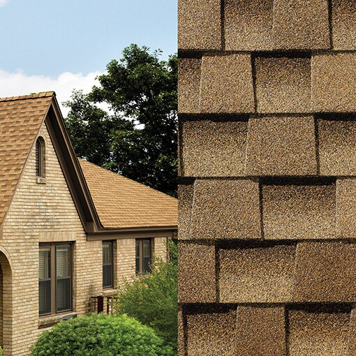 A magnified view of Timberline AS II  Shakewood shingles on the right and a roof built with those shingles on the left. 