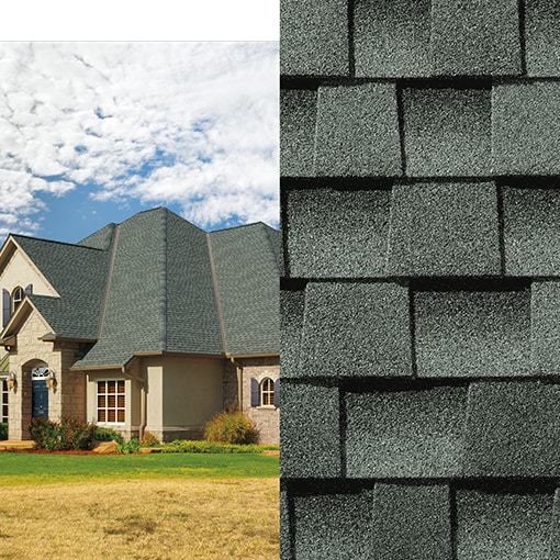 A magnified view of Timberline AS II Slate shingles on the right and a roof built with those shingles on the left. 