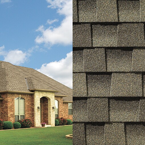 A magnified view of Timberline AS II Weathered Wood shingles on the right and a roof built with those shingles on the left.