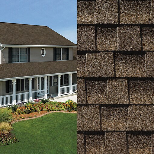 A split image showing a close-up of Timberline NS Barkwood shingles on one side and an exterior shot of a house with the same shingles covering its roof on the other.