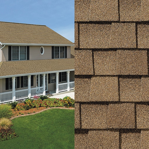 A split image showing a close-up of Timberline NS Shakewood shingles on one side and an exterior shot of a house with the same shingles covering its roof on the other. 