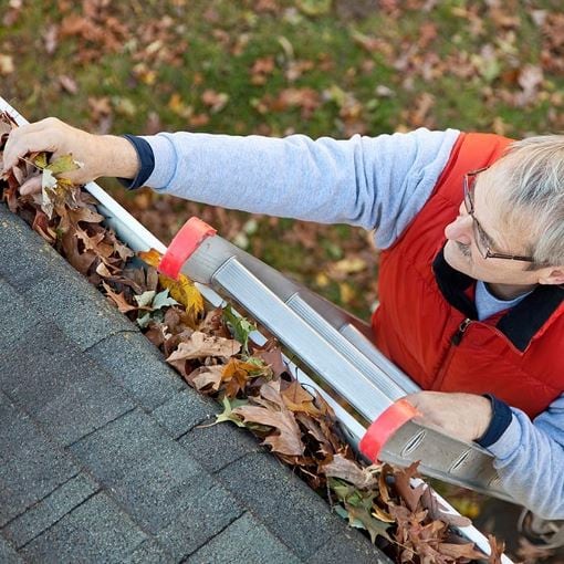 homeowner on a ladder removing leaves from the gutter on the roof