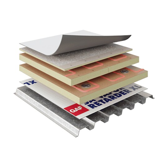 Commercial roofing material layers in PVC Adhered Systems