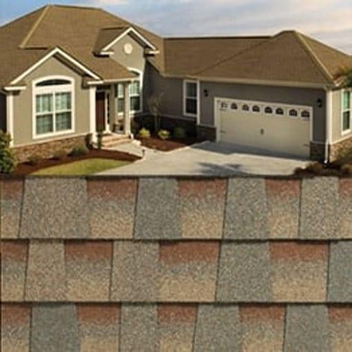 Timberline HDZ Copper Canyon Roof Shingle swatch with sample product image on a tan home.