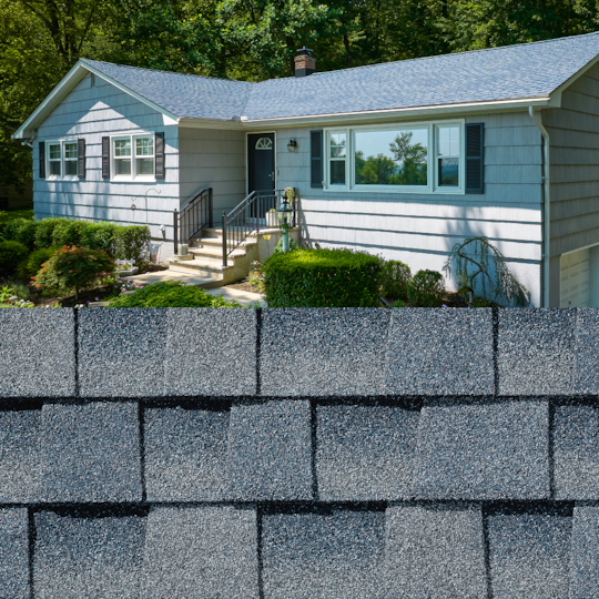 GAF Timberline HDZ® Biscayne Blue Shingle closeup with sample product image on a gray house.