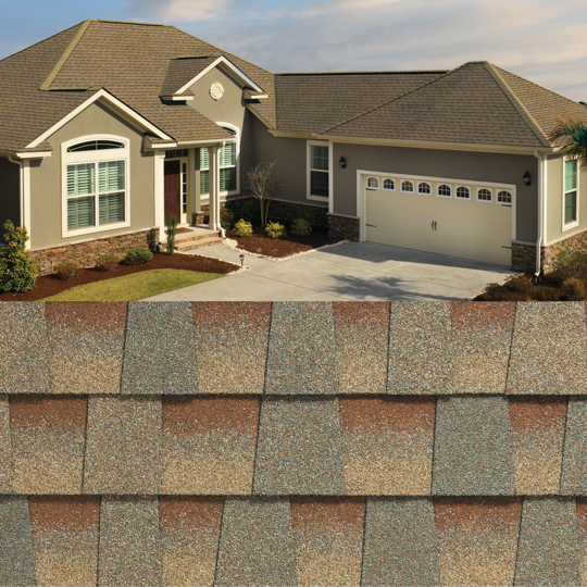 GAF Timberline HDZ® Copper Canyon Roof Shingle swatch with sample product image on a tan home.