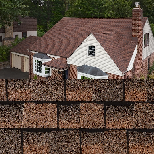 GAF Timberline HDZ® Hickory Shingle sample with roof image of shingles on a brick home.