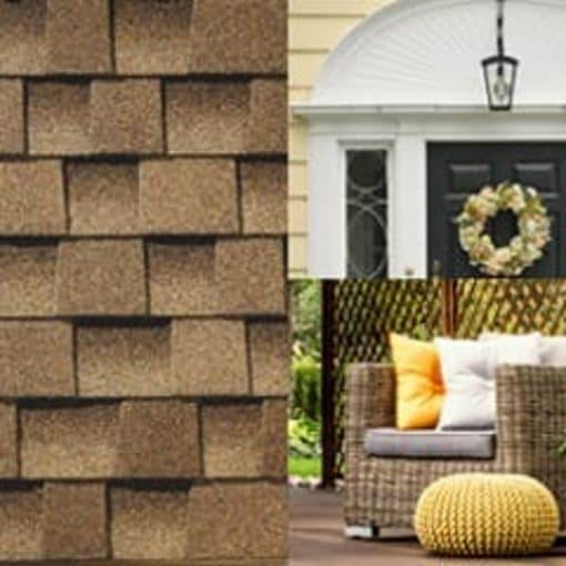 style collage of a Timberline shingle swatch front door to a home and outdoor furniture