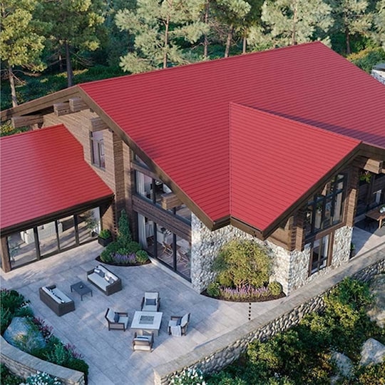 A newly installed GAF TimberSteel™ Premium Metal Roofing System in Rustic Red