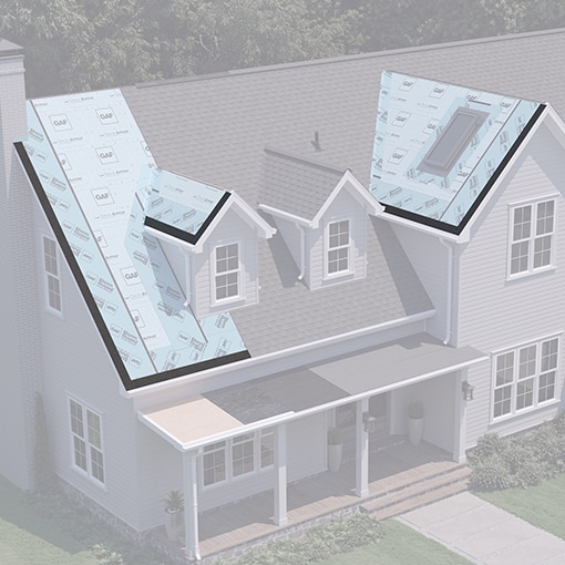 Rendering of a house roof shows black starter strips along edges beneath shingles.