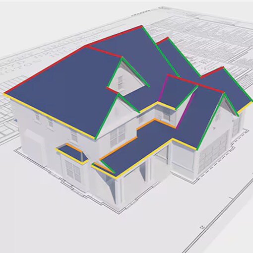 Architectural drawing with 3D plan of a new home with roof measurements outlined in different colors