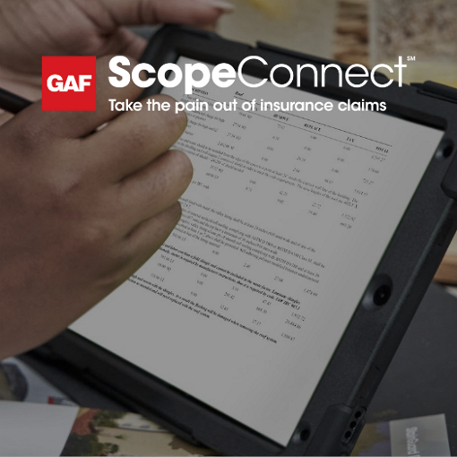 Hand holding tablet with ScopeConnect insurance scope of work service by GAF