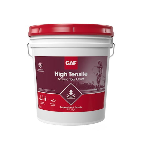 Bucket of GAF High‑Tensile Acrylic Top Coat.
