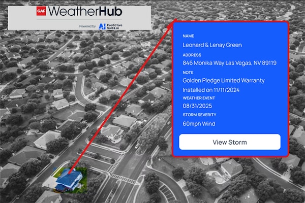 Map of neighborhood showing GAF WeatherHub advanced roof warranty information