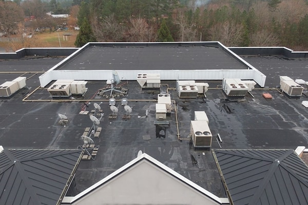 An aerial shot of a commercial flat roof.