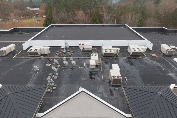 An aerial shot of a commercial flat roof.