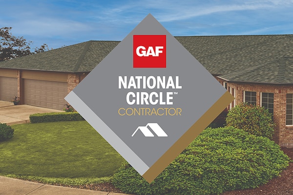 A GAF National Circle Contractor designation badge displayed over a house with GAF roof shingles. 