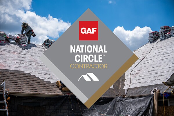 House with a new GAF roof being installed, with a GAF National Circle Contractor badge overlay.