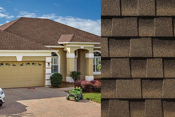 A split-screen graphic showing a suburban house exterior alongside a close-up texture of Timberline HDZ shingles.