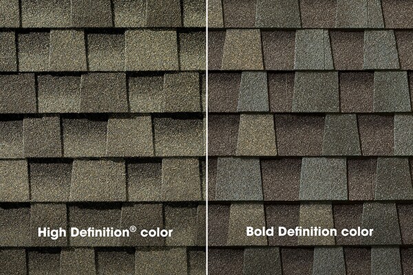 A side-by-side comparison of Timberline HDZ Shingles demonstrates the difference in depth and contrast between a light brown "High Definition color" swatch and a multi-tonal brown "Bold Definition color" swatch.