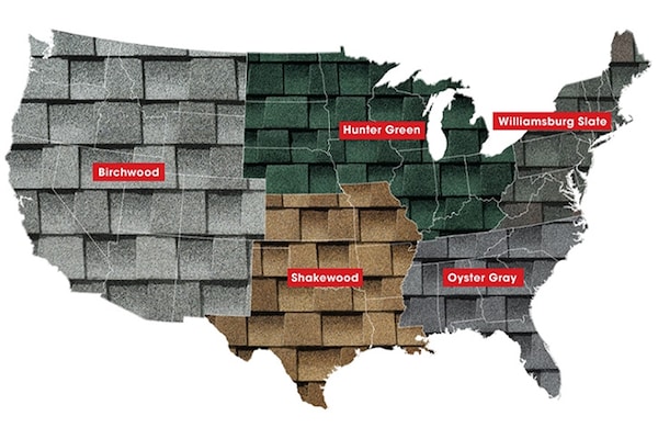 U.S. map showing 2025 regional roofing trends: Birchwood in the West, Hunter Green in the North, Shakewood in the South, Oyster Gray in the Southeast, and Williamsburg Slate in the Northeast.