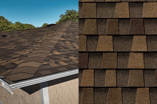 A detailed close-up of Timberline HDZ Chestnut Valley shingles placed next to a bird’s eye view of a roof built with those shingles.
