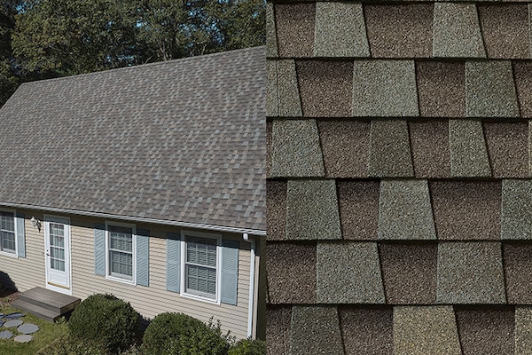 A detailed close-up of Timberline HDZ Cliffside shingles placed next to a bird’s eye view of a roof built with those shingles.