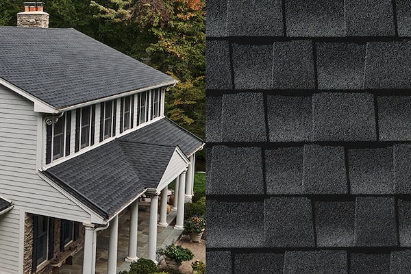 A close-up photo of Timberline HDZ Charcoal shingles placed next to a house built with those shingles on its roof. 