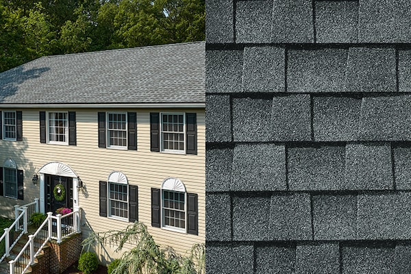 A close-up photo of Timberline HDZ Pewter Gray shingles placed next to a house built with those shingles on its roof.