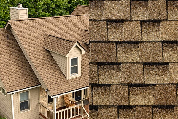A close-up photo of Timberline HDZ Shakewood shingles placed next to a house built with those shingles on its roof. 